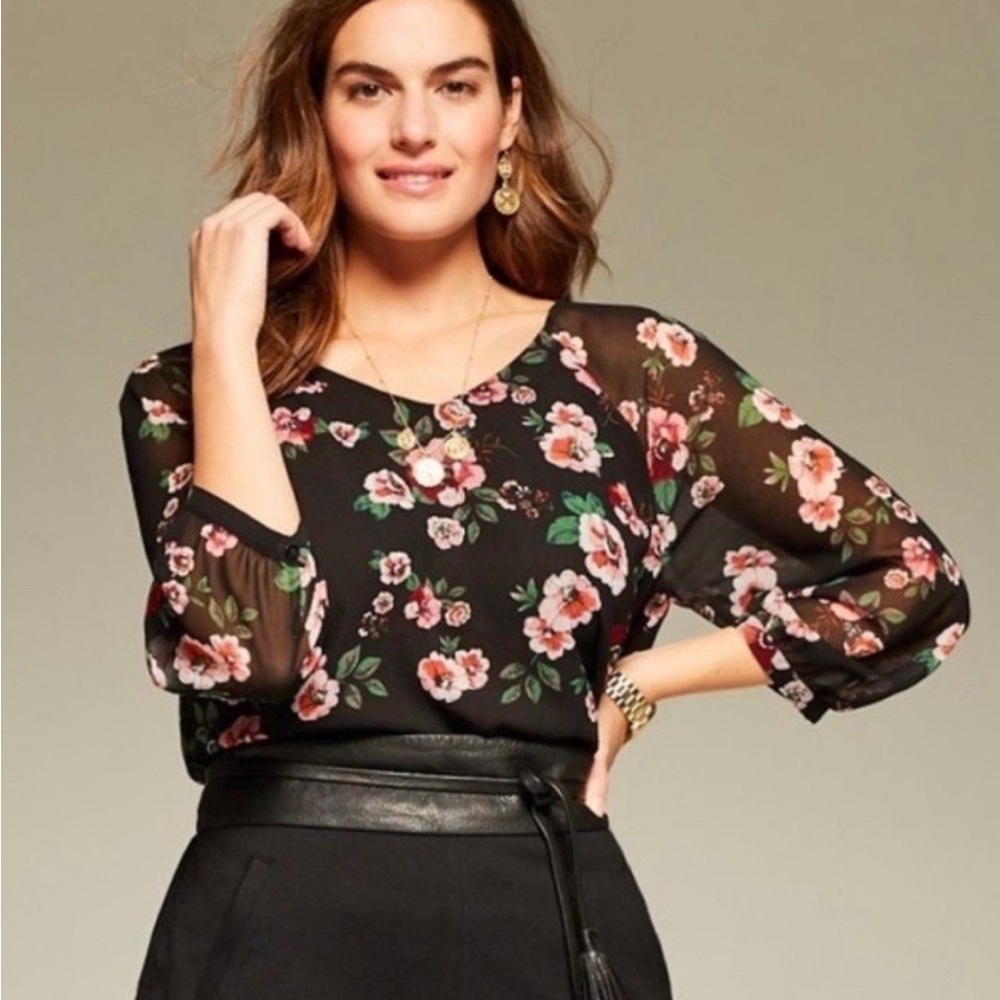 Cabi Garden Floral Black Sheer Women's Blouse Style 3595 Size Medium